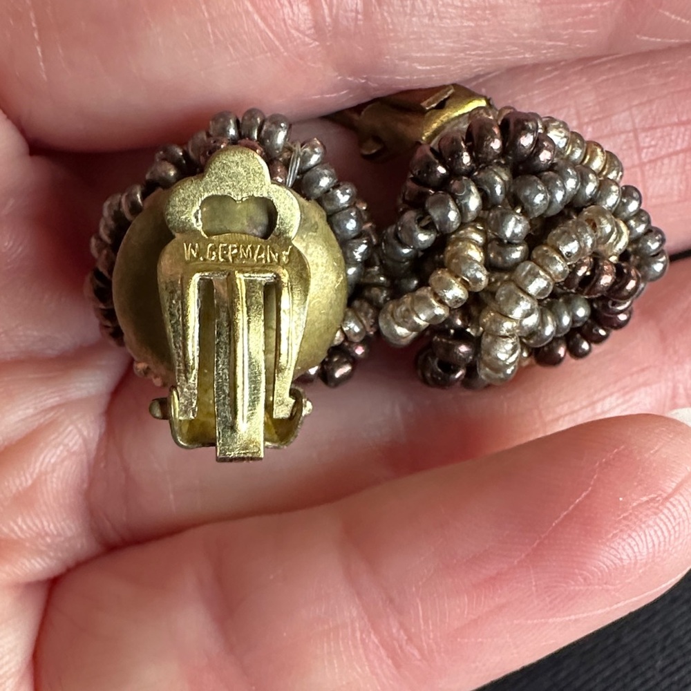 Vintage Beaded Clip-On Earrings - Metallic Brown & Silver Tones west Germany 🇩🇪